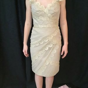 Monique Lhuiller tan/cream/ gold midi formal dress